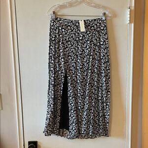 Anthropologie Black and White Floral Midi Skirt with Front Slit